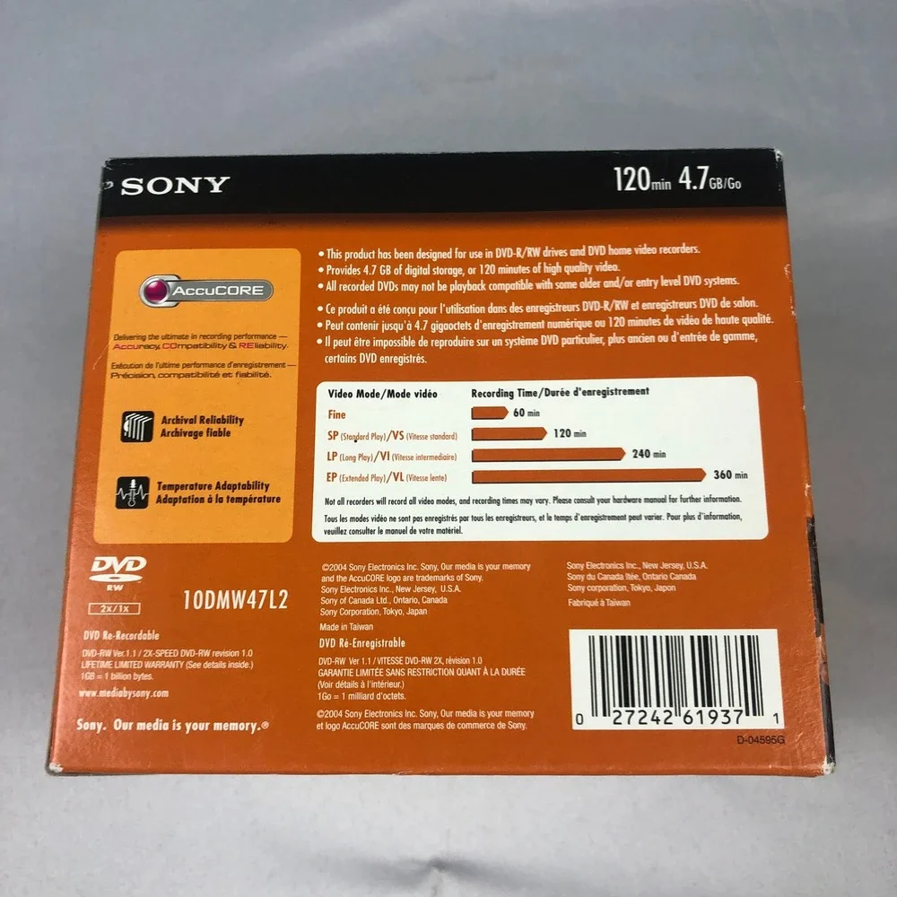 Sony DVD-RW 10 Pack 4.7GB 120min 1x-2x AccuCORE Re-Recordable Discs 10DMW47L2